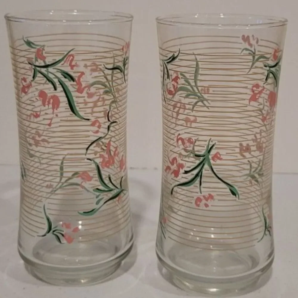 Libbey Vintage Pink & Green Striped Highball Glasses 6” Floral